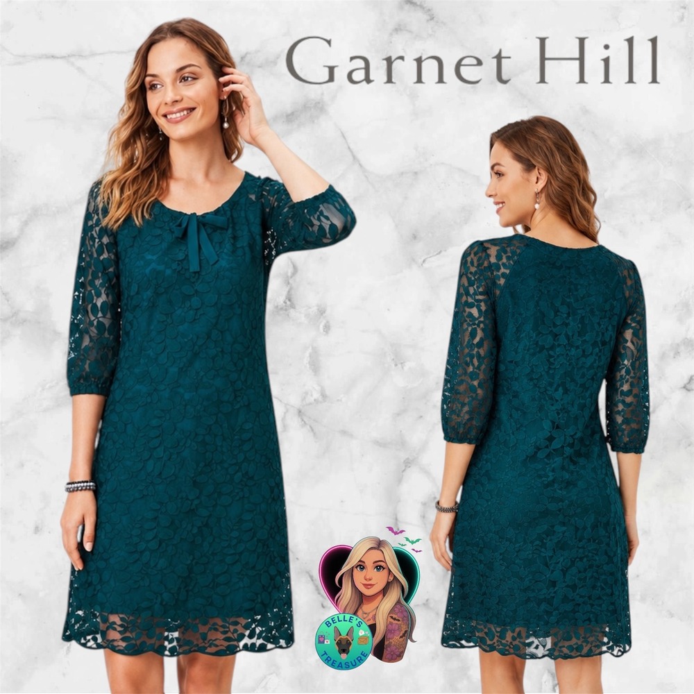 Garnet Hill Women's 4 Green Floral Lace Dress Bow Neck Career Event Feminine
